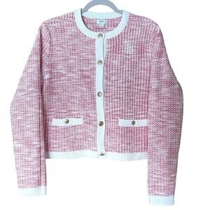 J.Crew Lady Sweater Cardigan Pink White Tweed Knit Gold Crest Buttons Size L